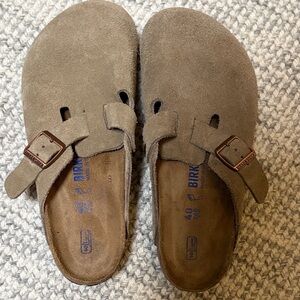 Birkenstock Taupe Suede Boston Clogs with Copper Buckles
